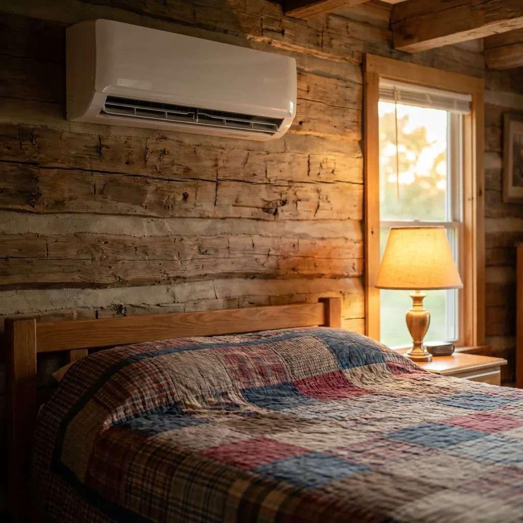 A wall-mounted ductless mini split indoor unit high on the log wall of a bedroom, a lamp lit beside the bed