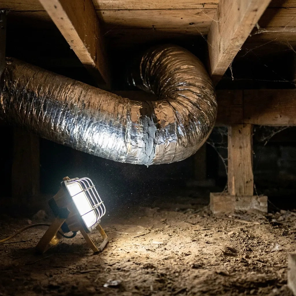 Insulated flexible ductwork under a house, one joint freshly sealed with mastic and foil tape under a work light
